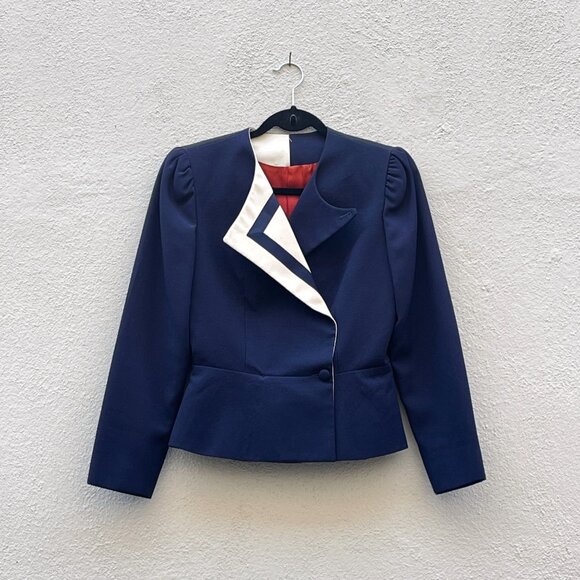 Vintage Jackets & Blazers - Vintage 70's Women's Eric Sands Asymmetrical Geometric Blue Navy Blazer Jacket